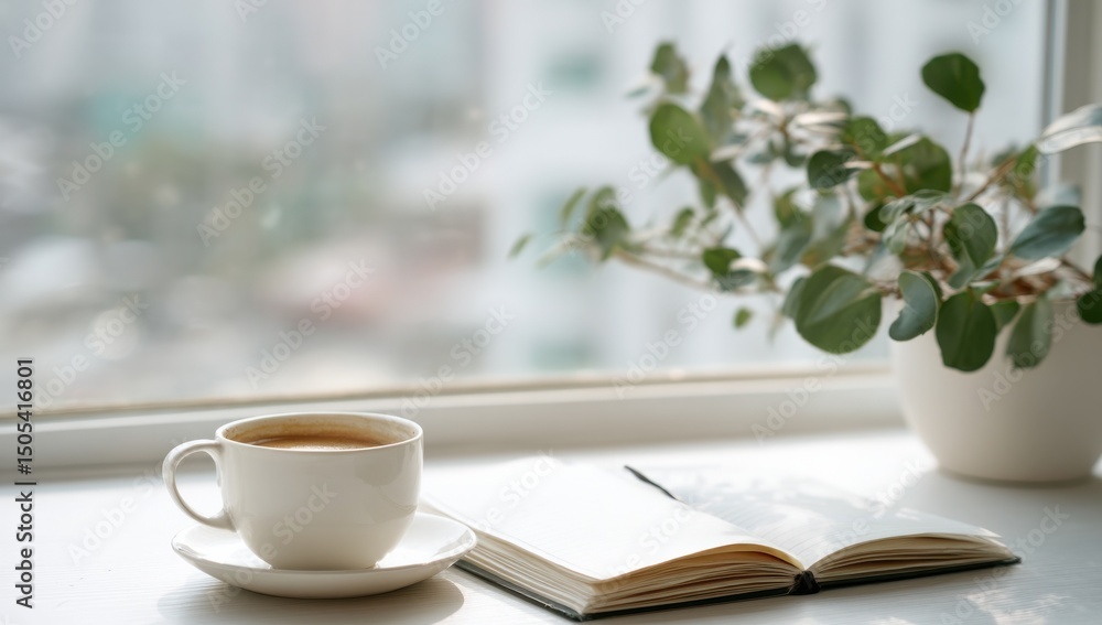 Poster coffee cup and open notebook by window, representing morning routine and personal growth, perfect fo