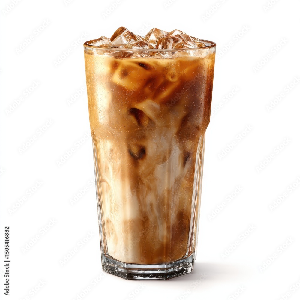 Poster refreshing iced coffee in tall glass on white background, symbolizing summer refreshment and cafe in