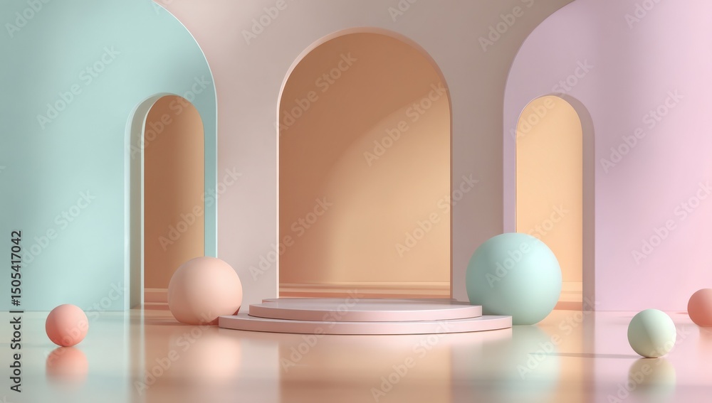 Poster Pastel Arches and Spheres in Soft Light, Representing Minimalist Aesthetics and Creative Solutions for Interior Design Projects : Generative AI