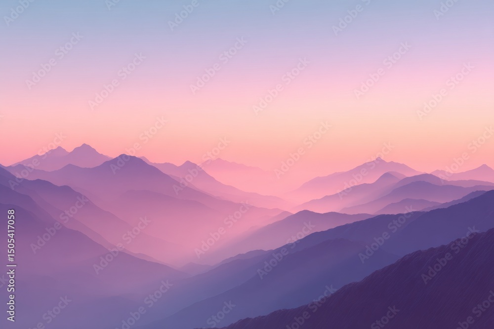 Poster layered mountain range at sunset with soft light, representing serenity and environmental awareness 
