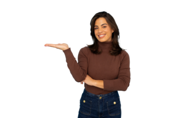 Studio shot of a smiling businesswoman showing and presenting something with her hand on a transparent background