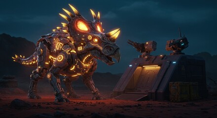 Armored robotic dinosaur roaring on futuristic terrain surrounded by advanced tech structures.
