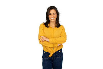 Professional businesswoman confidently crossing arms, smiling during studio portrait session