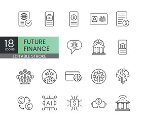 Future finance icons with editable stroke representing AI-powered banking digital assets metaverse finance smart contracts identity verification