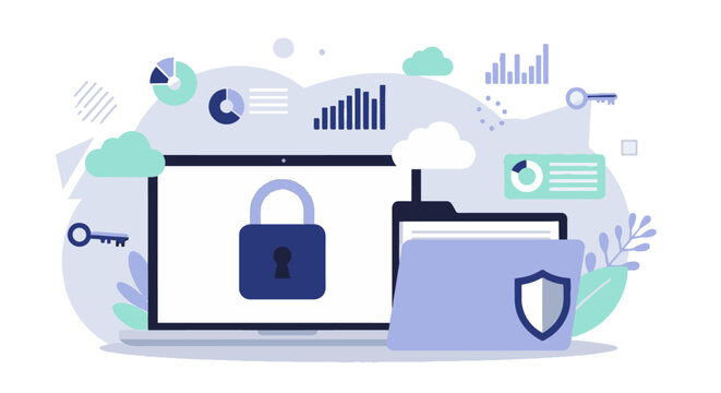 Data Security: Protecting Digital Information.A laptop with a padlock, a shielded folder, keys, and various icons symbolize secure data storage, access, and overall cybersecurity