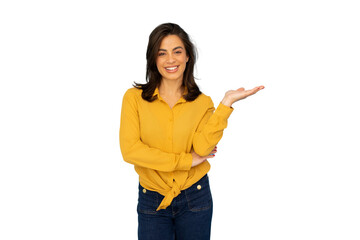 Happy woman showing and presenting something on a transparent background, perfect for easy...
