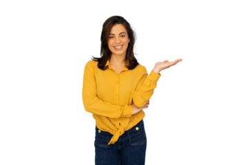 Happy woman showing and presenting something on a transparent background, perfect for easy compositing