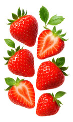 Fresh whole and halved strawberries with green leaves showcasing vibrant red color and juicy texture.