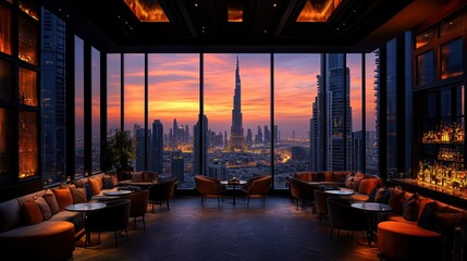 Cityscape sunset high rise bar