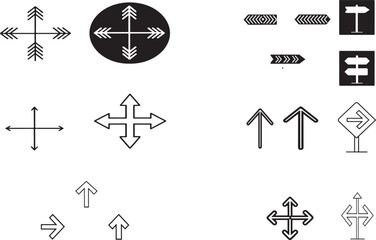 Collection of Black and White Directional Arrow Icons and Signage Representing Navigation Movement and Choices in a Simple and Clean Style