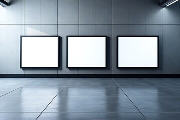 3D rendering, mockup of three blank white posters in black frames on grey wall background in abstract subway with concrete glossy floor.	
