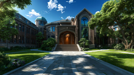 University or college campus building front view. High school educational institution yard with green trees and grass lawn. Classic city architecture summer landscape, Cartoon vector illustration