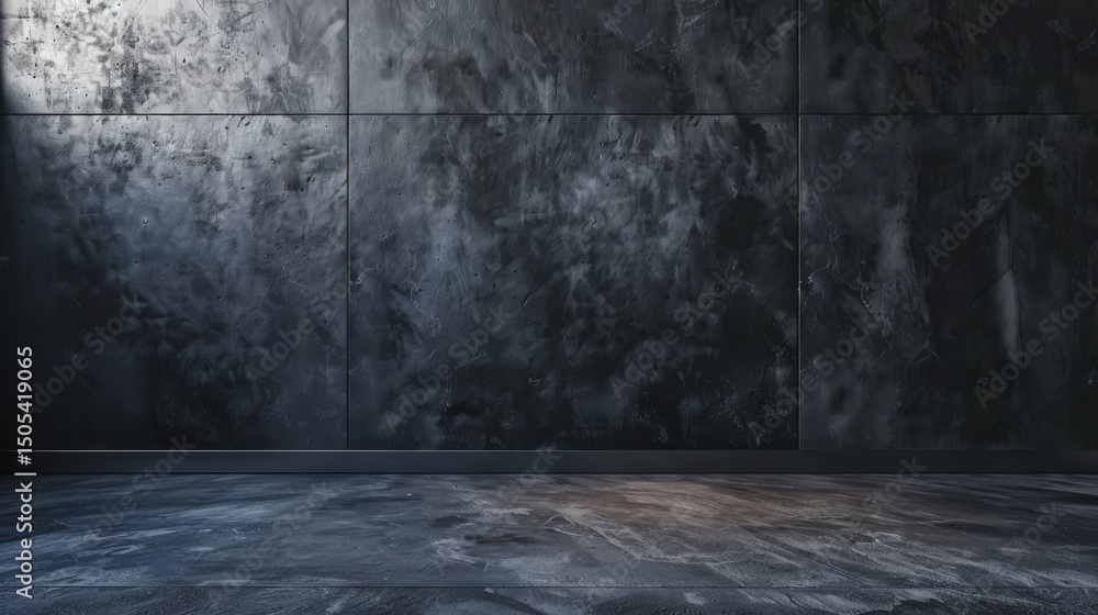 Poster dark gray concrete wall with square panels and matching floor creating a studio like atmosphere scen