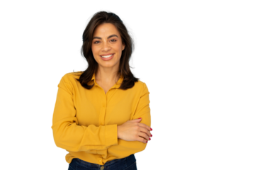 Professional businesswoman standing confidently, arms crossed, smiling against transparent background, embodying corporate leadership