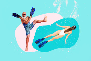 Trend artwork sketch design montage 3D collage of aged man dance hold flippers young lady swim diving leisure weekend rest summer vacation