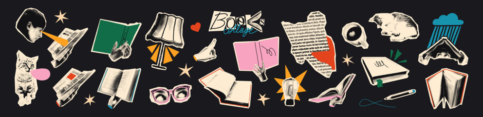 Books halftone art collage cut outs set. Various paper clip art, hands holding reading open books stickers with vintage dot texture and doodles. Modern retro vector illustration for mixed media design