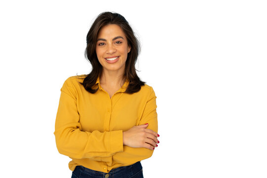Professional businesswoman standing confidently, arms crossed, smiling against transparent background, embodying corporate leadership