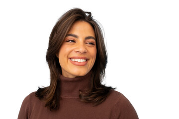Female professional wearing brown turtleneck, smiling warmly with genuine happiness against neutral background