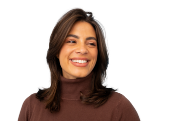 Female professional wearing brown turtleneck, smiling warmly with genuine happiness against neutral background