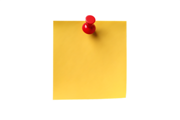 Red sticky post it note with yellow pushpin isolated on transparent background