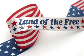 Patriotic ribbon with stars and stripes and the words land of the free isolated on white
