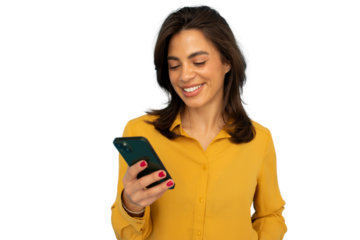 Smiling professional woman using smartphone, translucent backdrop offering seamless graphic design integration
