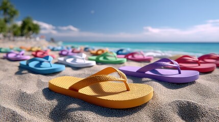 Colorful flip flops on sandy beach