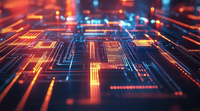 Abstract graphic design of glowing circuit patterns.