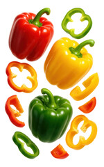 Red, yellow, and green bell peppers with various sliced pieces arranged in a dynamic composition.