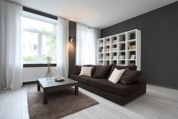 Modern living room with dark brown sofa and white shelves.