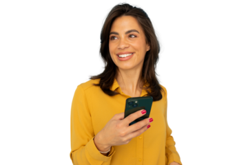 Professional businesswoman smiling, gripping smartphone, standing confidently, wearing corporate attire, exuding modern workplace success