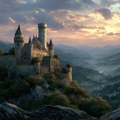 A majestic medieval castle sits perched atop a hill overlooking landscape.