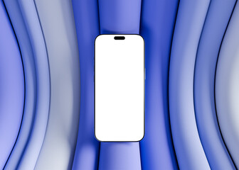 Smartphone with blank screen on a wavy blue fabric background, ideal for app display or advertising mockup. CGI render