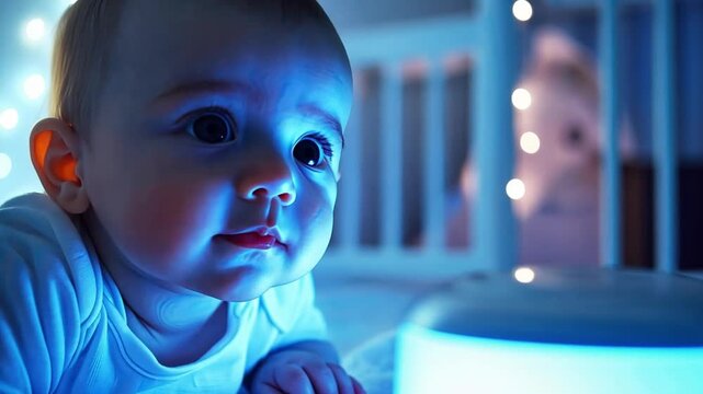Curious baby engaged with glowing nightlight in dimly lit nursery - Powered by Adobe