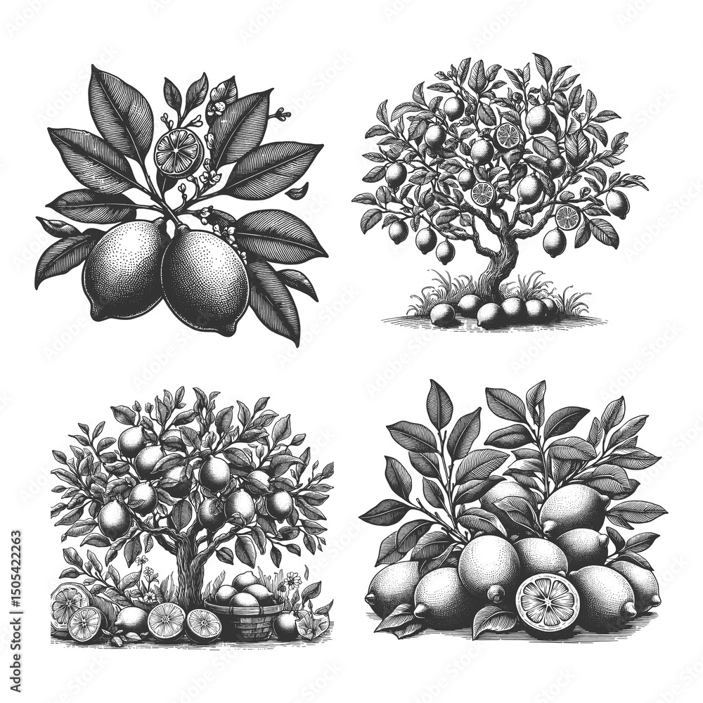 Poster lemon trees and fruit set collection bundle sketch engraving generative ai raster illustration. scra