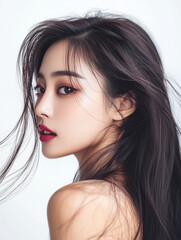 Fototapeta premium Captivating portrait of a Korean woman with flowing hair and striking makeup against a neutral background