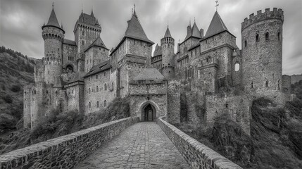 Obraz premium Majestic medieval castle stands proudly on a hill under dramatic skies.