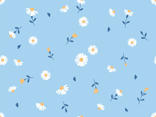 Seamless pattern with daisy chamomile,  yellow flower and flying heart shape leaves on blue background vector.