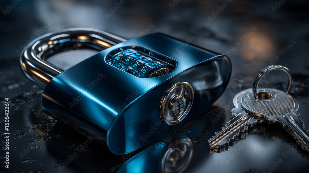 Poster closed and unlock of pad lock with key. realistic 3d vector illustration set of safety and secure sy