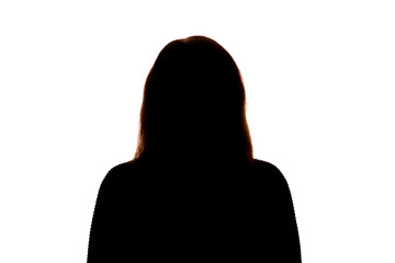Silhouette of young woman facing camera on white background