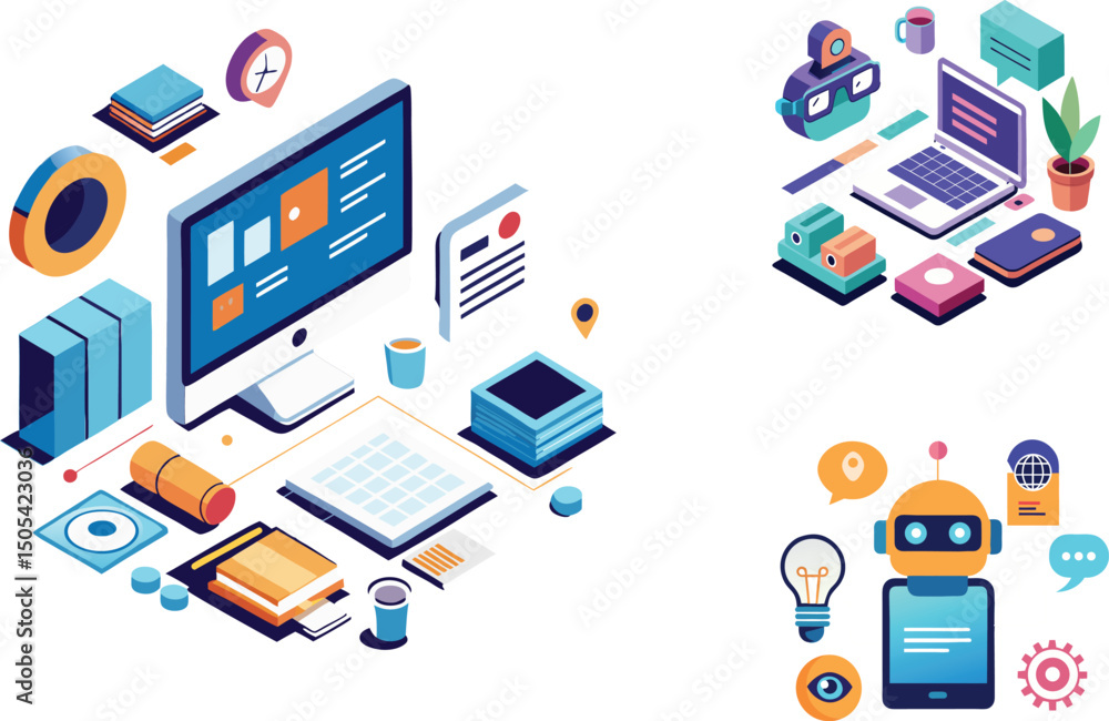 Poster flat design web and mobile application icon set with computer technology symbols