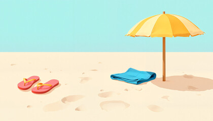 Colorful beach umbrella with flip flops and towel on sandy shore  