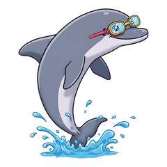 Obraz premium Playful cartoon dolphin wearing red goggles jumping with splash, ideal for ocean fun themes or water sports kids illustrations