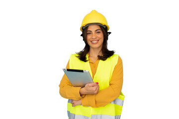 Fototapeta premium Confident female engineer wearing safety helmet and vest, holding digital tablet, isolated on transparent background, representing innovation in construction and engineering