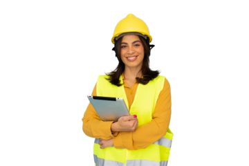 Confident female engineer wearing safety helmet and vest, holding digital tablet, isolated on transparent background, representing innovation in construction and engineering