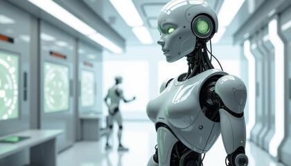Futuristic AI robot assistant in high-tech lab, innovation concept