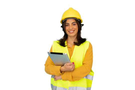 Confident female engineer wearing safety helmet and vest, holding digital tablet, isolated on transparent background, representing innovation in construction and engineering