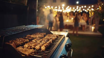 Juicy skewers cooking on a modern grill in the foreground while people gather and dine under string lights in the background. 