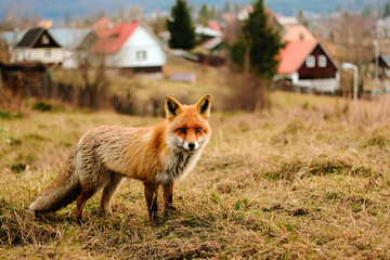 Fototapeta premium Renard s'approchant à proximité des maisons
