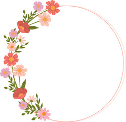 A hand-drawn floral illustration is a round frame with an empty space for text. It is ideal for decorating summer-themed goods and invitations.